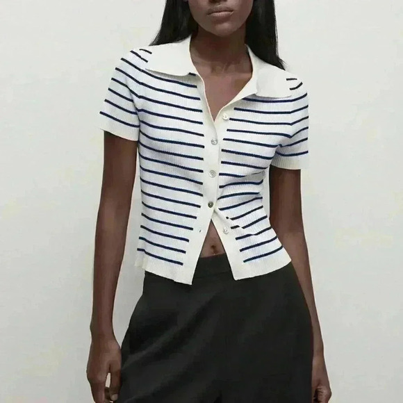 Multicolor Women's Button-Up Striped Knit Sweater - Picture 6 of 7